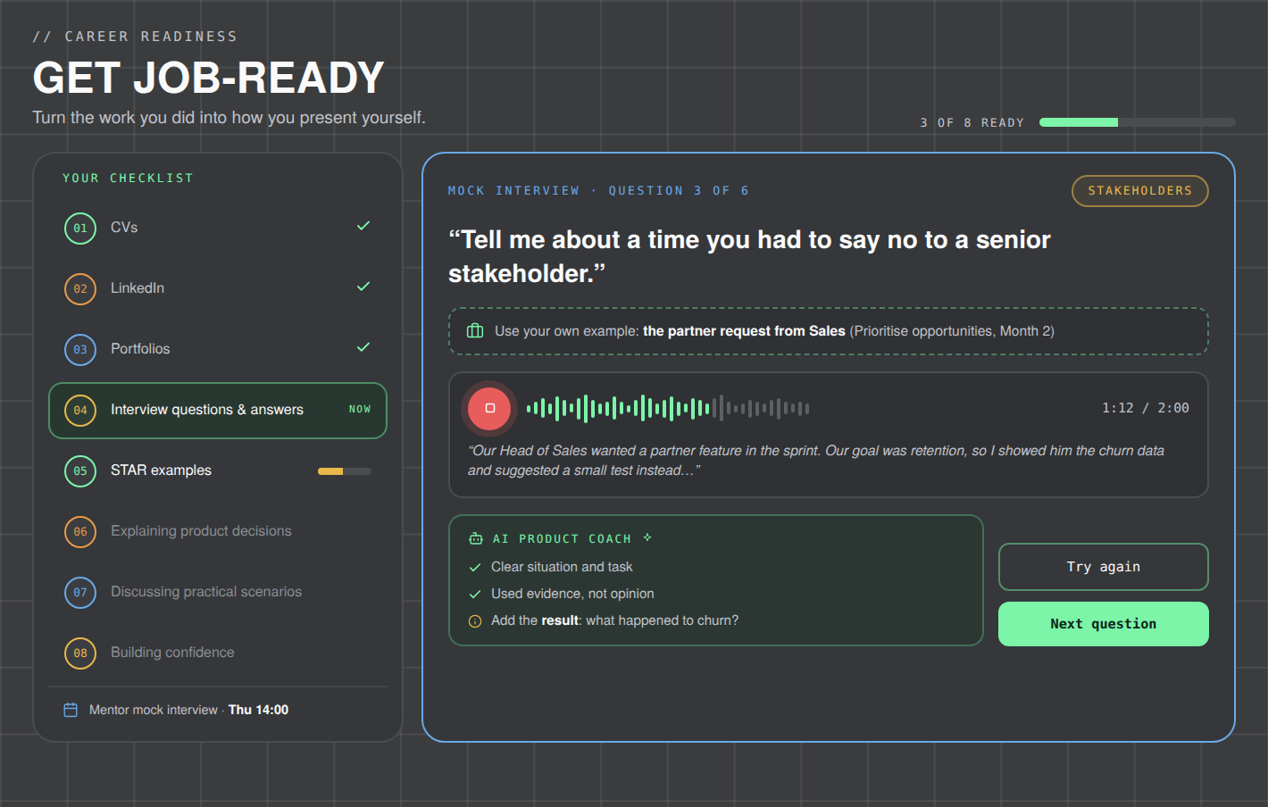 Career readiness checklist with a mock interview question and AI Product Coach feedback